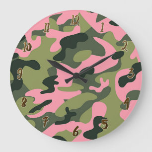 Grande Horloge Ronde Motif camouflage camouflage armée vert rose pays