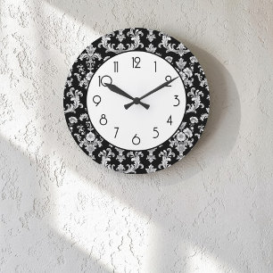 Grande Horloge Ronde Motif damassé noir et blanc victorien