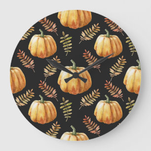 Grande Horloge Ronde Motif d'aquarelle Arrière - plan noir citrouille