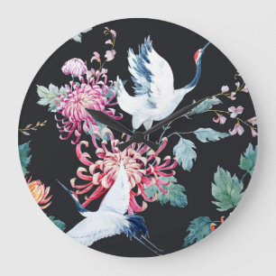 Grande Horloge Ronde Motif d'aquarelle de la grue rouge Chrysanthemum