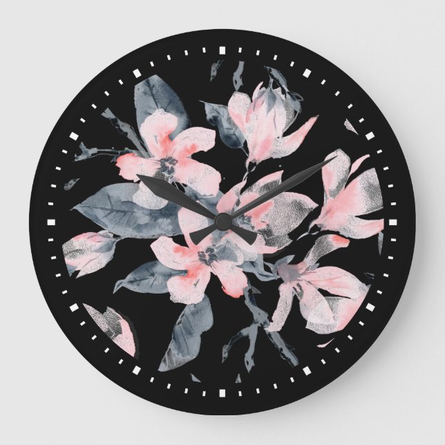 Grande Horloge Ronde Motif d'aquarelle rose et gris (Recto)