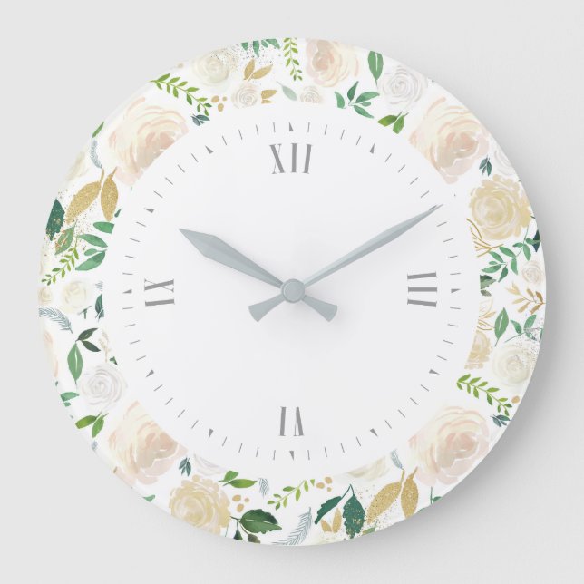 Grande Horloge Ronde Motif d'aquarelles de roses blanches (Recto)