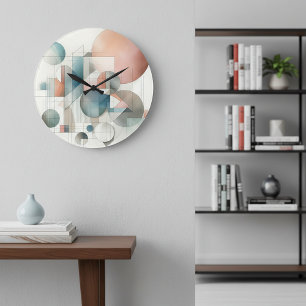 Grande Horloge Ronde Motif d'art abstrait bleu sarcelle gris beige roui