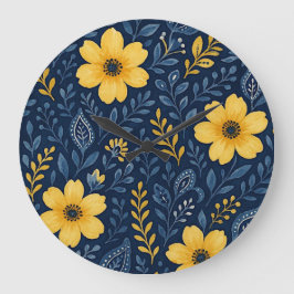 Grande Horloge Ronde Motif d'art floral méditerranéen élégant