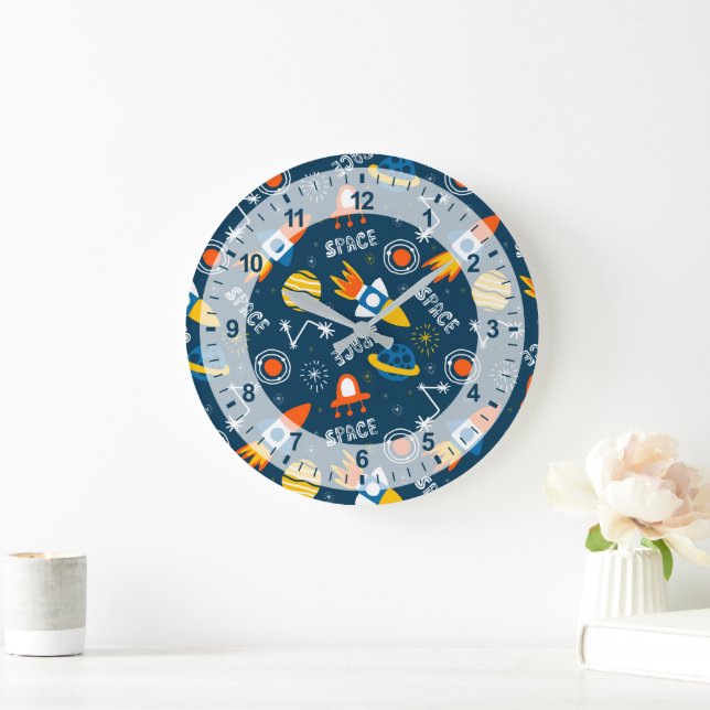 Grande Horloge Ronde Motif d'aventures spatiales colorées (Maison)