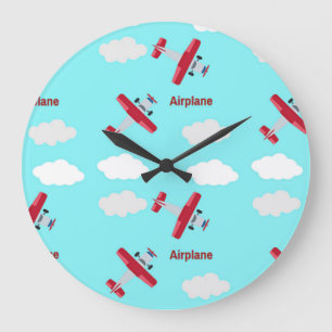 Grande Horloge Ronde Motif d'avion en bleu