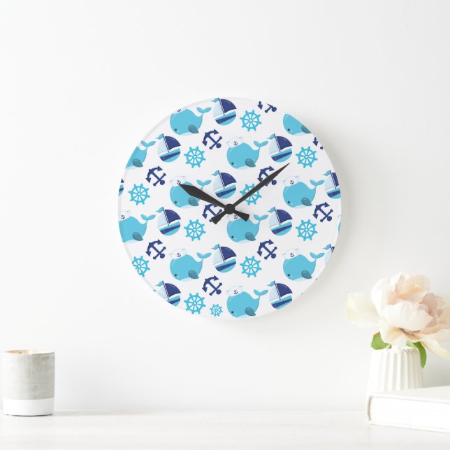 Grande Horloge Ronde Motif De Baleines, Beaux Baleines, Baleines Bleues (Maison)