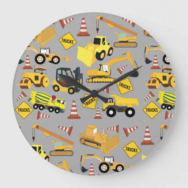 Grande Horloge Ronde Motif de camions de construction (Recto)