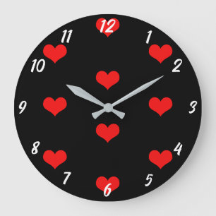 Grande Horloge Ronde Motif de coeur mignon Rouge Custom Black Valentine