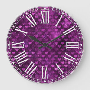 Grande Horloge Ronde Motif de cœurs glamour ombré violet