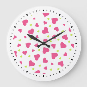 Grande Horloge Ronde Motif de Coeurs Rose et Vert mignon
