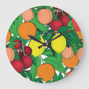 Grande Horloge Ronde Motif de croquis à main de fruits
