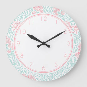 Grande Horloge Ronde Motif de Damas florales rose et menthe