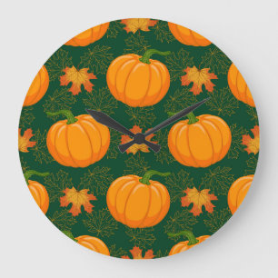 Grande Horloge Ronde Motif de départ d'automne du Citrouille orange