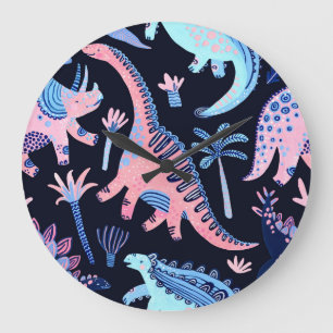 Grande Horloge Ronde Motif de dinosaures de bande dessinée mignon.
