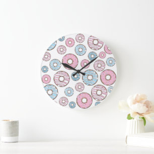 Grande Horloge Ronde Motif De Donuts, Donuts Roses, Donuts Bleus
