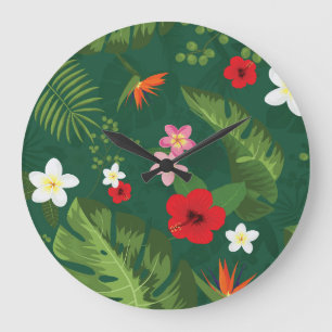 Grande Horloge Ronde Motif de feuilles tropicales