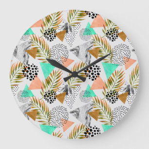 Grande Horloge Ronde Motif de feuilles tropicales géométriques Abstra