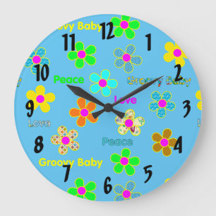 Grande Horloge Ronde Motif de fleurs 60s super psychédélique bleu