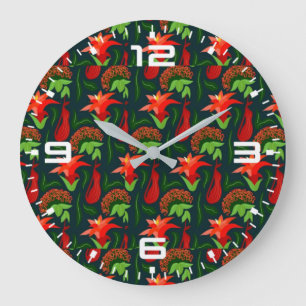 Grande Horloge Ronde Motif de fleurs rouges exotiques peintes à la main