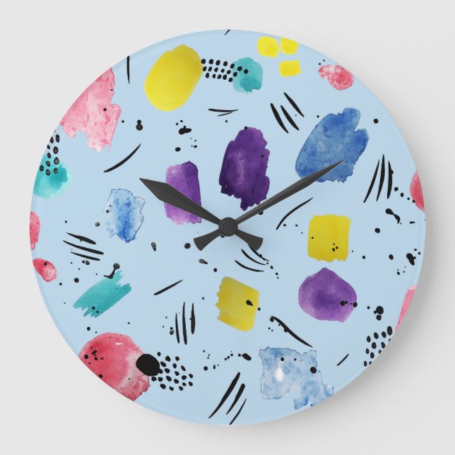 Grande Horloge Ronde Motif de formes géométriques d'aquarelle Abstraite (Recto)