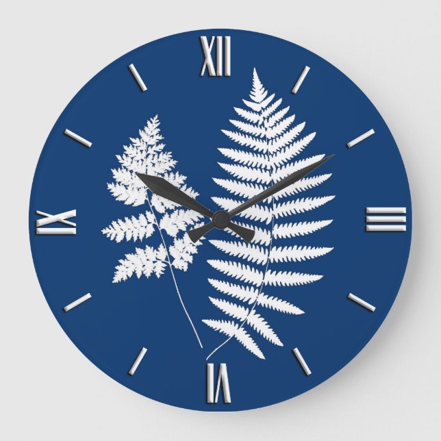 Grande Horloge Ronde Motif de fougères de bois, bleu de cobalt et blanc (Recto)
