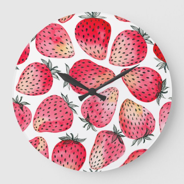 Grande Horloge Ronde Motif de fraises d'aquarelle. (Recto)