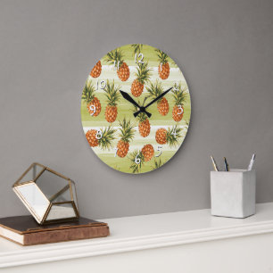 Grande Horloge Ronde Motif de fruit d'ananas tropical vert orange