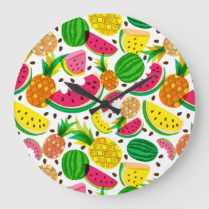 Grande Horloge Ronde Motif de fruits tropicaux rouges et jaunes