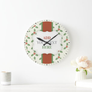 Grande Horloge Ronde Motif de houx de Noël Feuilles de houx vertes Baie