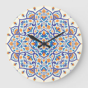 Grande Horloge Ronde Motif de luxe Orange Blue Ornament