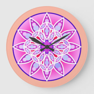Grande Horloge Ronde Motif de mandala en lavande, orchidée et corail
