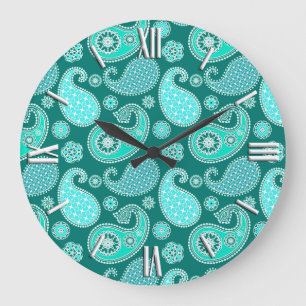 Grande Horloge Ronde motif de Paisley, Turquoise, Aqua et White