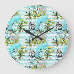 Grande Horloge Ronde Motif de palmier à aquarelle Abstrait