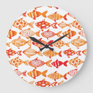 Grande Horloge Ronde Motif de poisson d'eau d'orange vif