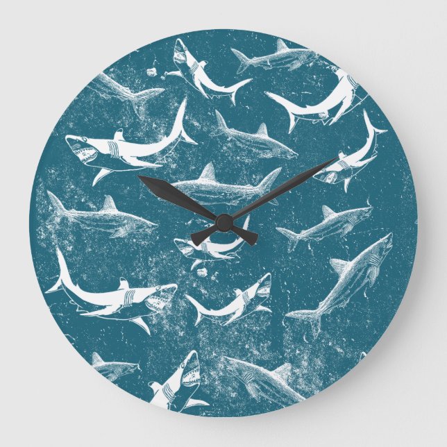 Grande Horloge Ronde Motif de requin bleu en détresse (Recto)
