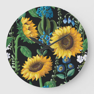 Grande Horloge Ronde Motif de tournesol Arrière - plan noir