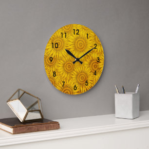 Grande Horloge Ronde Motif De Tournesol, Jaune Éblouissant,