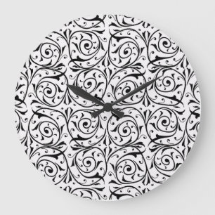 Grande Horloge Ronde Motif de vignes tourbillonnantes noires et blanche