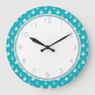 Grande Horloge Ronde Motif de voiliers et d'Ancres de paon