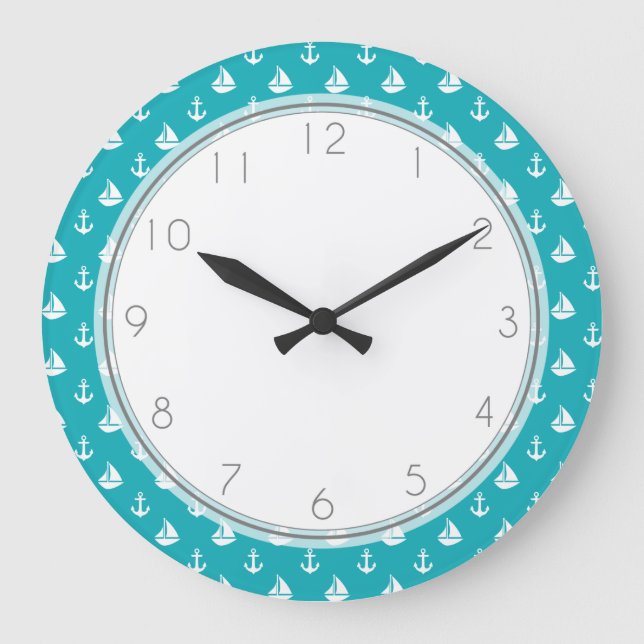 Grande Horloge Ronde Motif de voiliers et d'Ancres de paon (Recto)