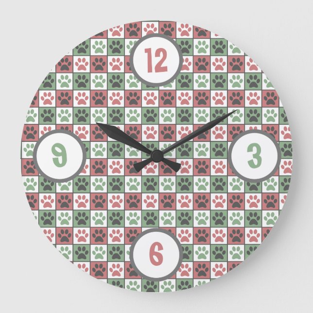Grande Horloge Ronde Motif d'empreinte de patte de chien à carreaux rou (Recto)