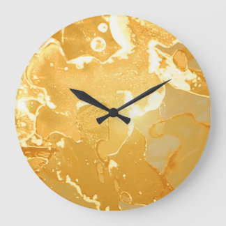 Grande Horloge Ronde Motif d'encre de marbre jaune doré