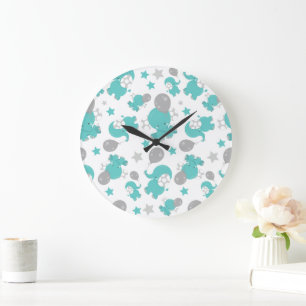 Grande Horloge Ronde Motif Des Eléphants Bleus, Eléphants Mignons, Étoi
