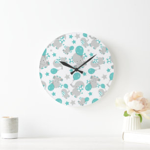 Grande Horloge Ronde Motif Des Eléphants, Eléphants Mignons - Gris Bleu
