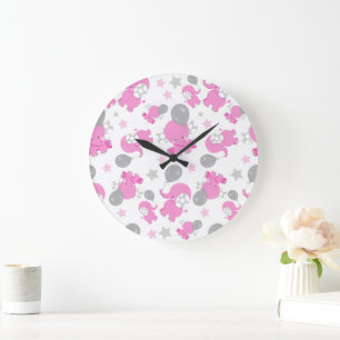 Grande Horloge Ronde Motif Des Eléphants Roses, Eléphants Mignons, Étoi