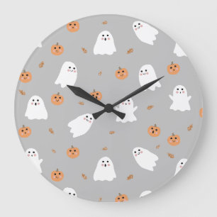 Grande Horloge Ronde Motif d'Halloween gris et gris Citrouille