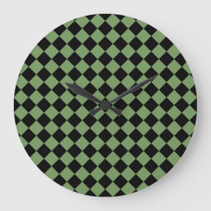 Grande Horloge Ronde Motif diamant à carreaux vert noir