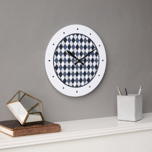 Grande Horloge Ronde Motif diamant en harlequin gris et blanc