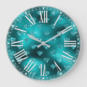 Grande Horloge Ronde Motif Diamants Paillettes Glam Ombré Sarcelle